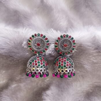 Elegant Pink Green Colour Stone Jhumka’s