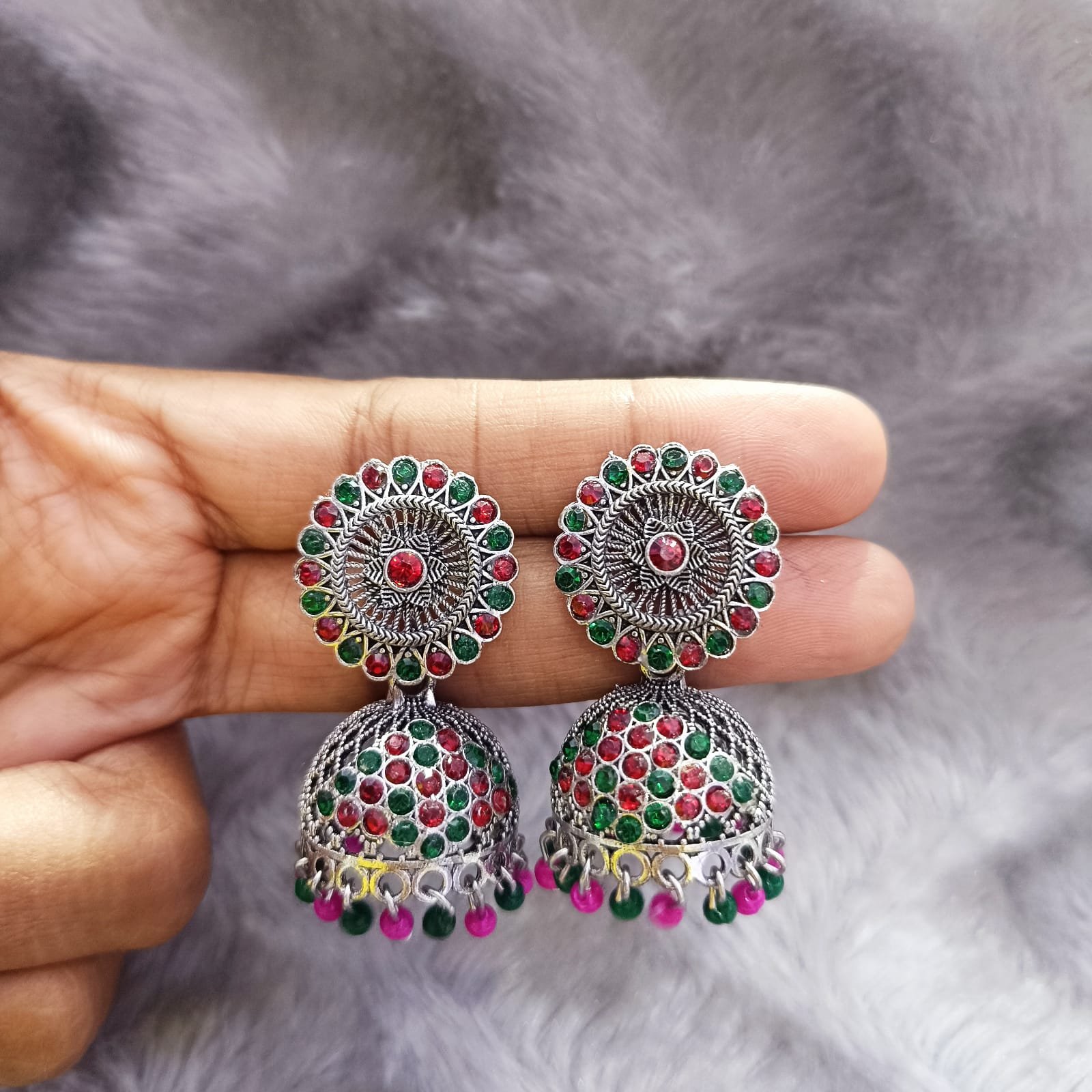Elegant Pink Green Colour Stone Jhumka’s for Festive Wear2