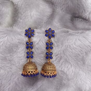 Royal Blue Three Layer Flower Jhumka Earrings