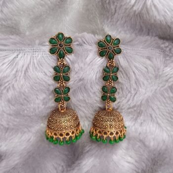 Green Three Layer Flower Jhumka Earrings – Elegant Traditional Design